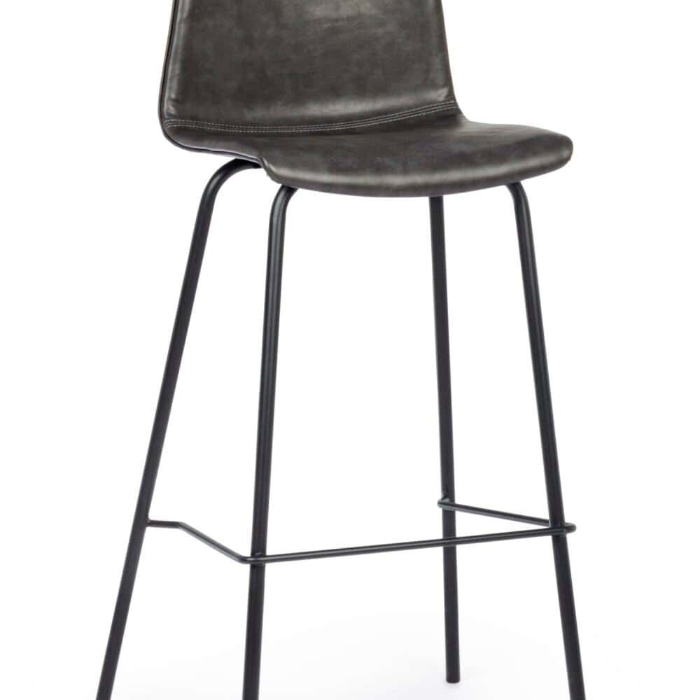Sedia da bar in pelle nera con struttura in metallo, design elegante e moderno, perfetta per ambienti industriali o contemporanei.