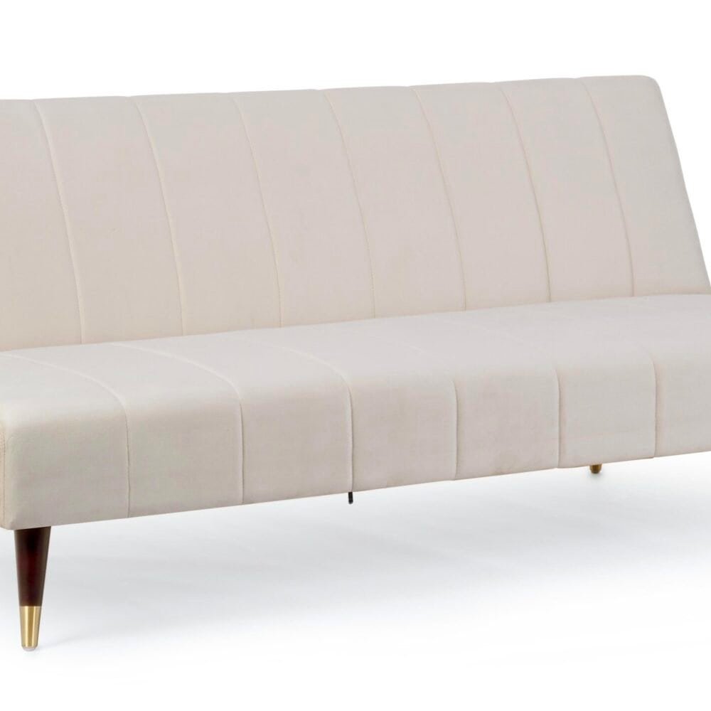 Divano letto in velluto beige con gambe in legno e dettagli dorati, perfetto per soggiorno o stanza ospiti.