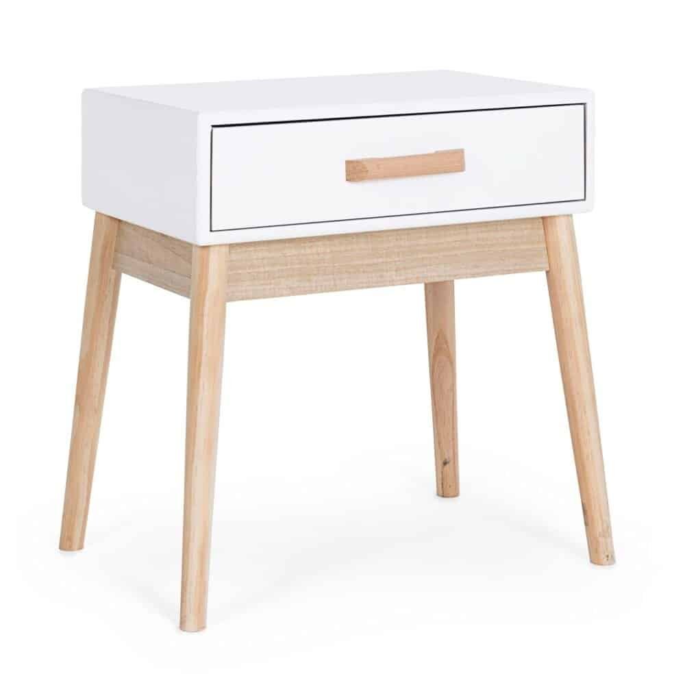 Tavolino in stile moderno con superficie bianca e struttura in legno naturale, ideale per soggiorno o camera da letto.