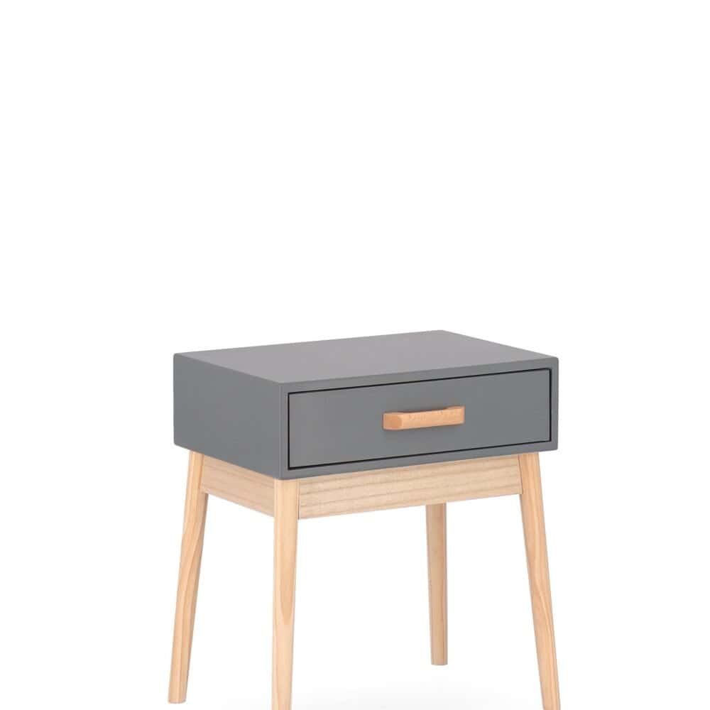 Tavolino design moderno con cassetto grigio e gambe in legno.