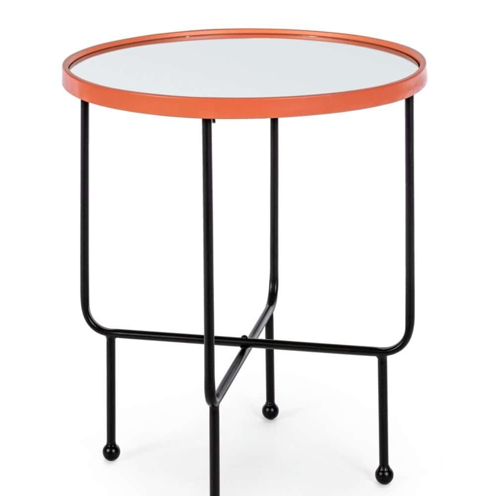 Alt text: Tavolino con superficie rossa e struttura in ferro nero, stile moderno.