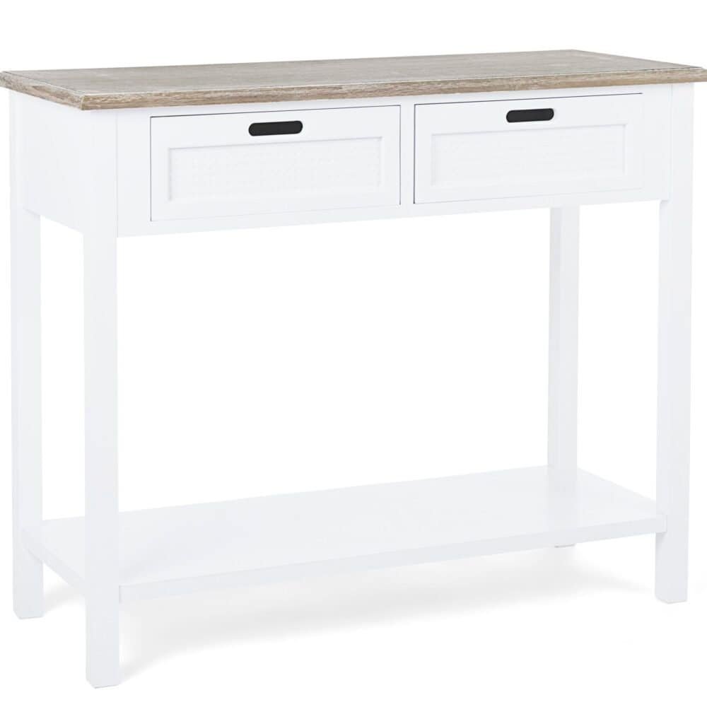 Tavolo da soggiorno bianco con cassetti, design rustico, mobile soggiorno originale e funzionale.