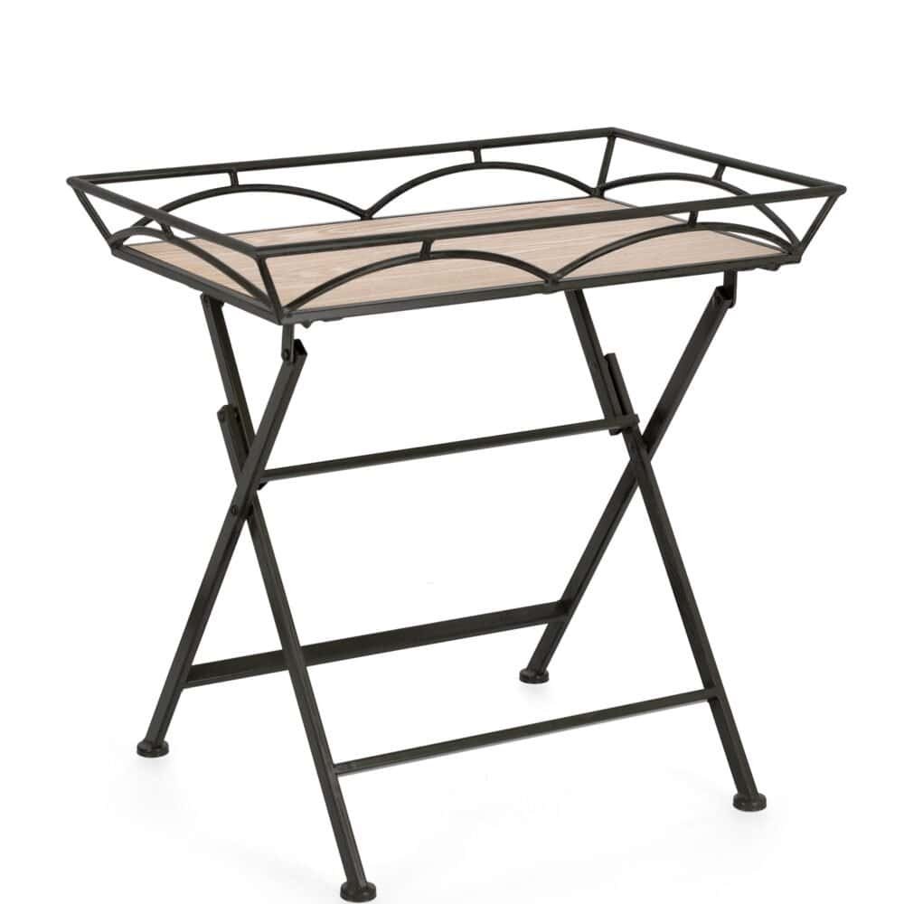 Tavolo da esterno con struttura in ferro e pianale in legno, stile vintage e resistente.