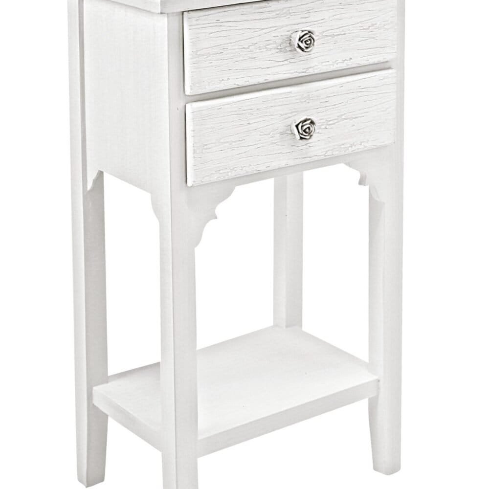 Cassettiera in legno bianco con due cassetti e maniglie a fiore, stile shabby chic, perfetta per soggiorno o camera da letto.