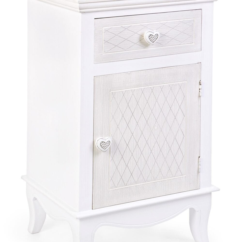 Finitura in legno bianco con dettagli romantici, ideale come parte di arredamento vintage.