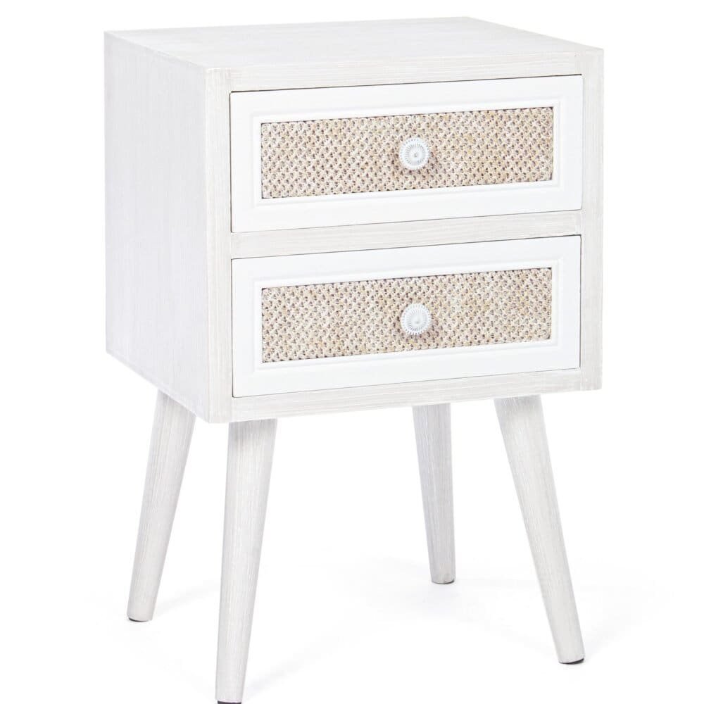 Comodino bianco con cassetti decorati in stile rustico, perfetto per camera da letto shabby chic.