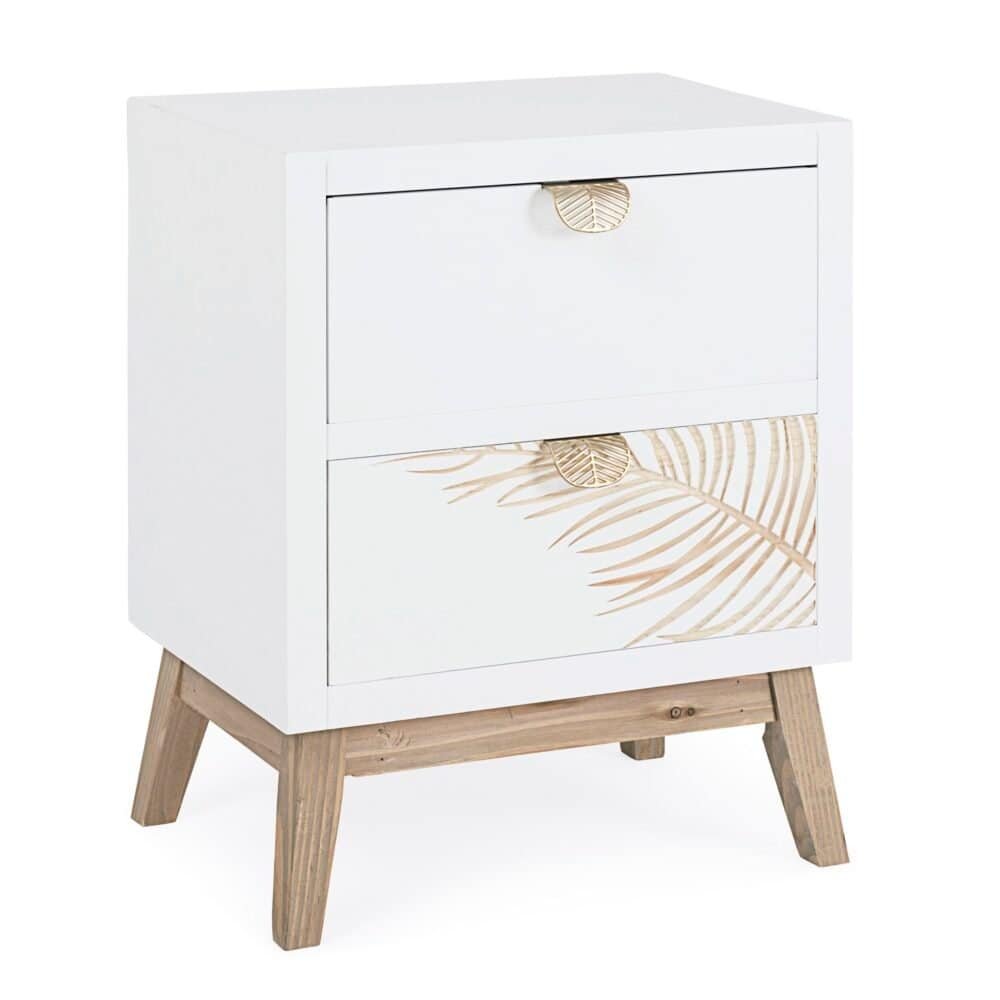 Comodino bianco con foglie decorative e gambe in legno naturale.