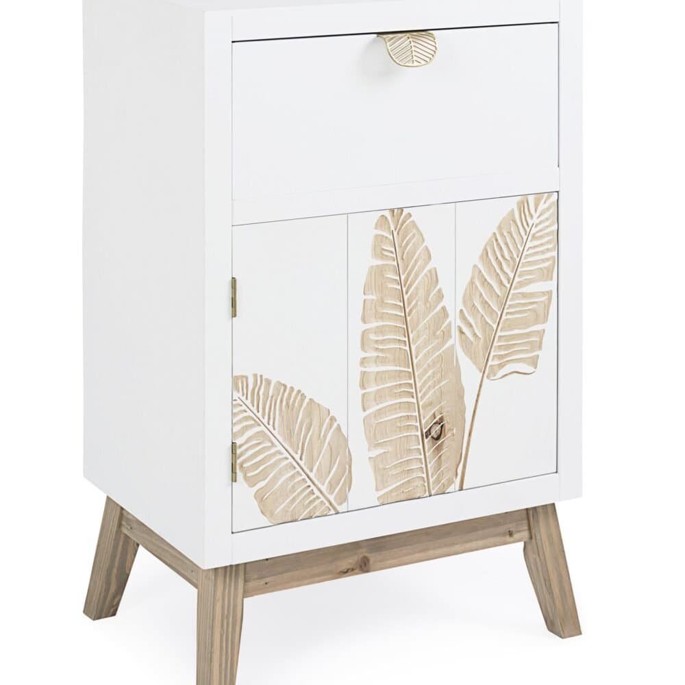 Descrizione di un elegante tavolino bianco con motivo foglie in tonalità beige, ideale per arredare ambienti moderni e naturali.