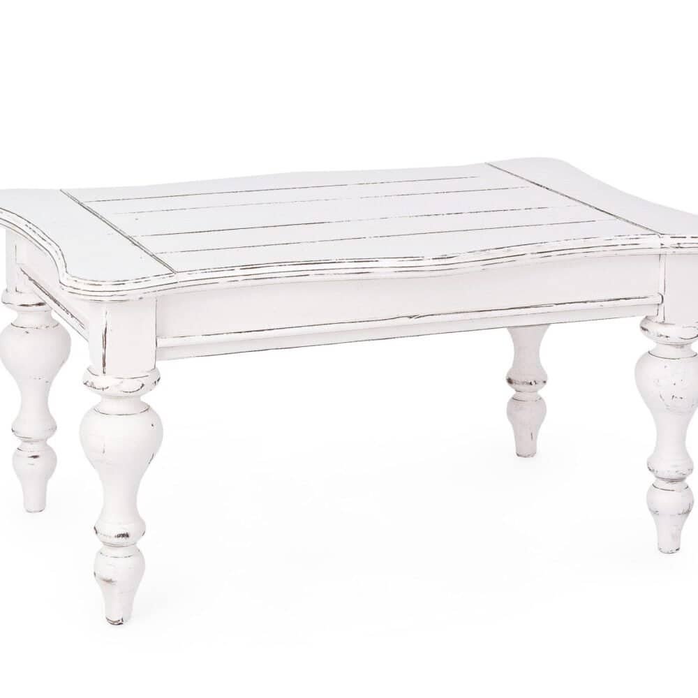 Tavolino in stile vintage bianco con gambe intagliate e dettaglio shabby chic. Perfetto per soggiorno o ingresso.