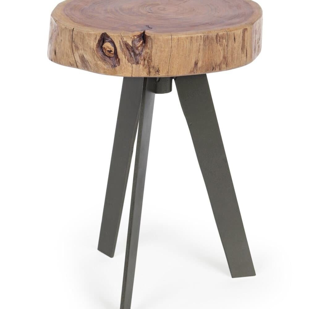 Panca in legno naturale con gambe nere, decorativa e funzionale per interni ed esterni.