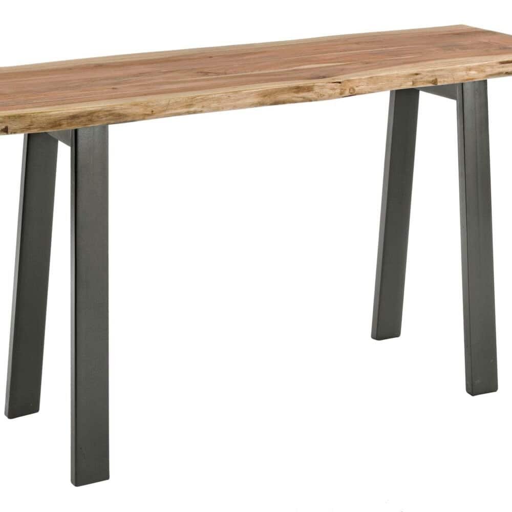 Tavolo in legno con gambe in ferro nero, ideale per ambienti moderni e industriali, resistente e dallo stile contemporaneo.