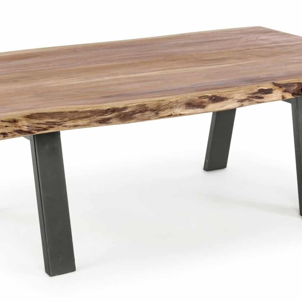Tavolo in legno naturale con gambe in metallo, stile industriale, perfetto per soggiorno o ufficio.