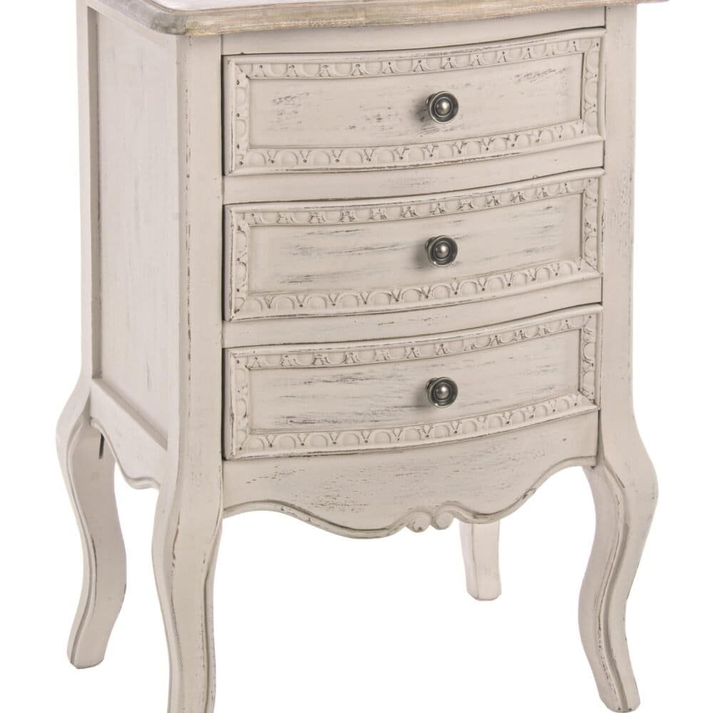 Comodino vintage in legno bianco decapato con tre drawers decorativi eleganti.