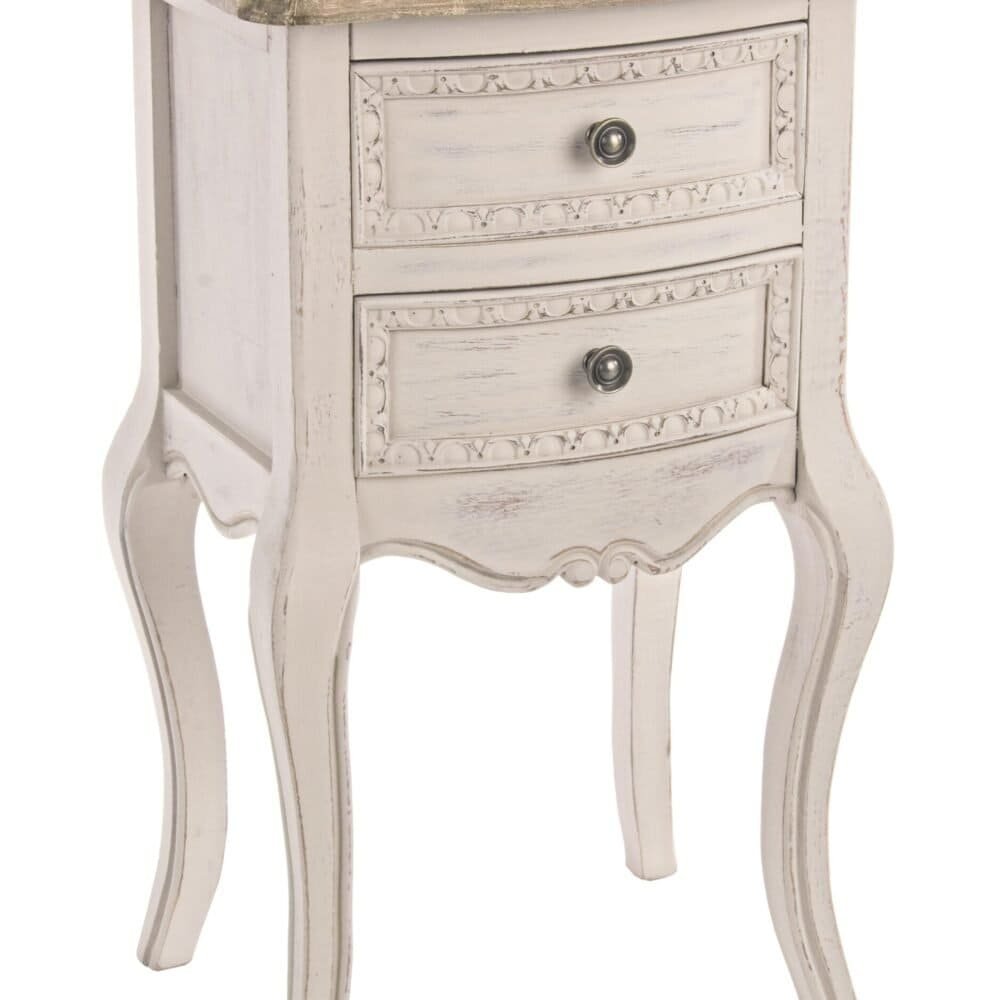 Comodino in legno bianco con due cassetti e dettagli intagliati, design elegante e classico ideale per arredamento shabby chic.