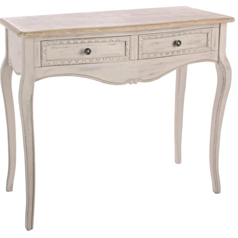 Immagine di un tavolo vintage con dettagli decorativi e finitura in finitura patinata bianca.