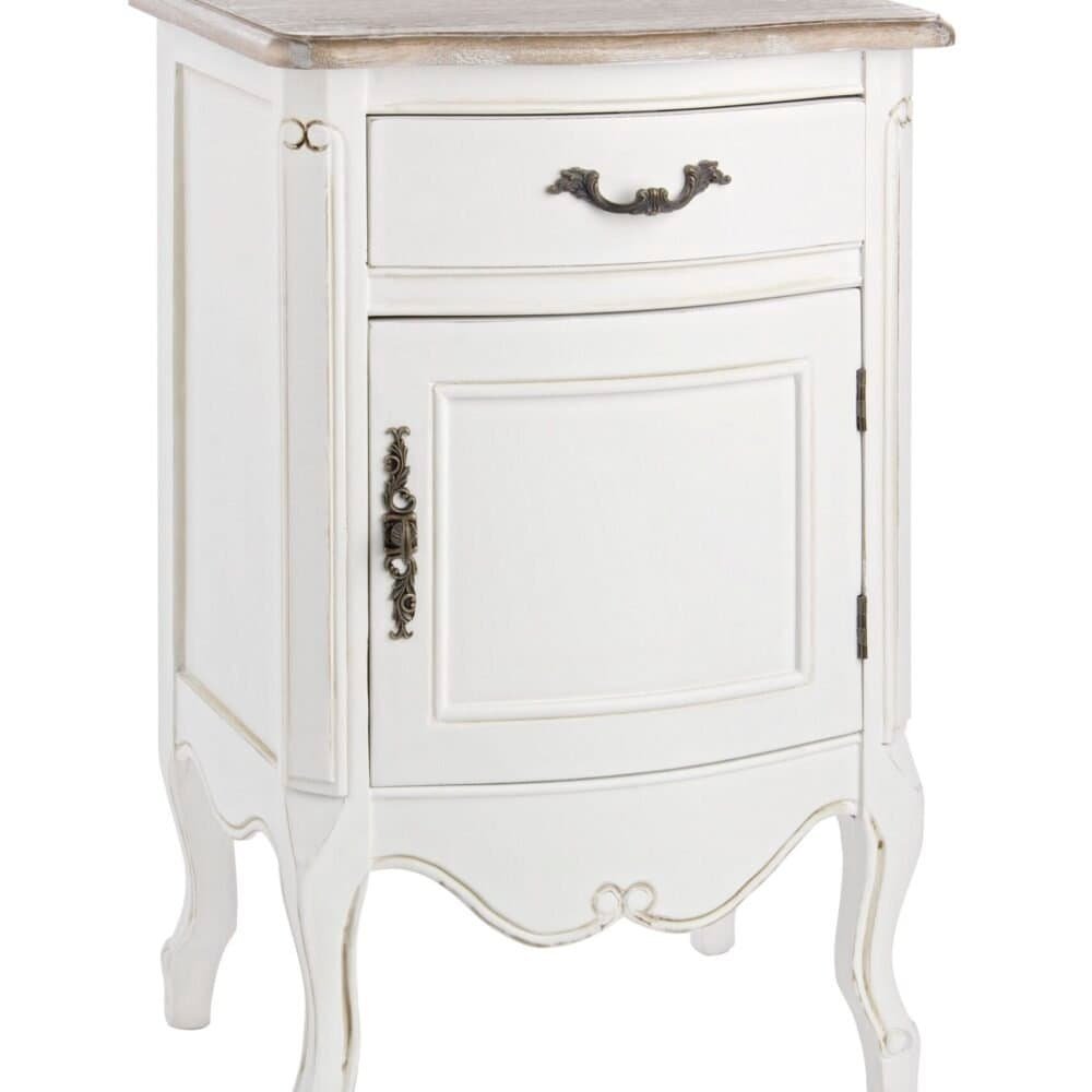 Comodino vintage bianco con dettagli eleganti in argento.