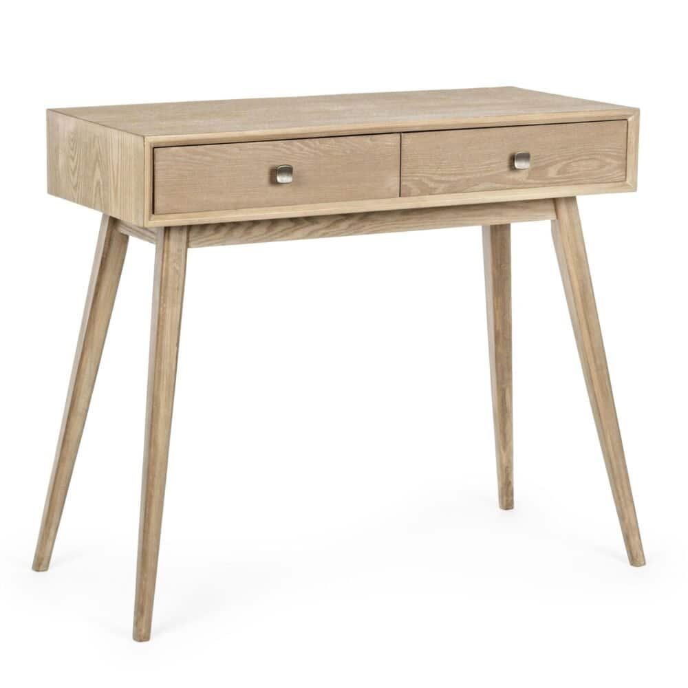 Tavolo in legno naturale con due cassetti, stile minimal e moderno, perfetto per ogni soggiorno o studio.