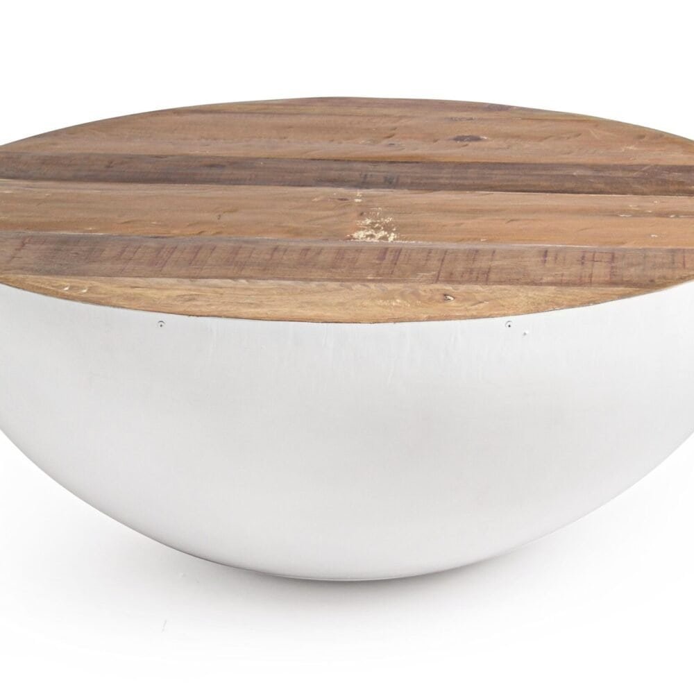 Tavolino moderno con base bianca e piano in legno, perfetto per arredo living elegante e funzionale.