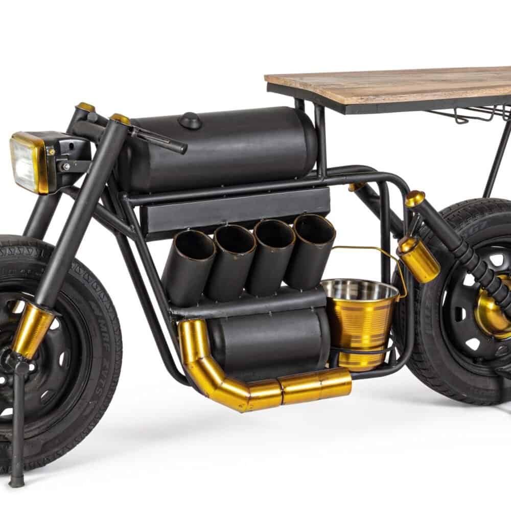 Motocicletta decorativa con piano in legno e dettagli in oro fluorescente.