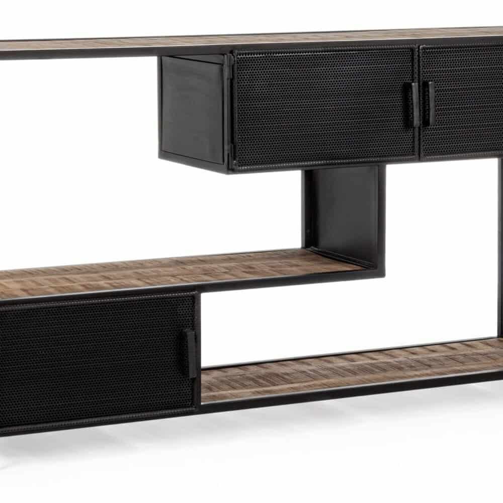 Contenitore industriale nero con scaffale in legno e cassetti per arredo ufficio moderno.