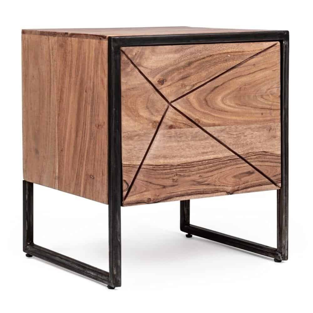 Contenitore in legno con struttura in ferro, stile moderno e artigianale, ideale per arredi eleganti e funzionali.