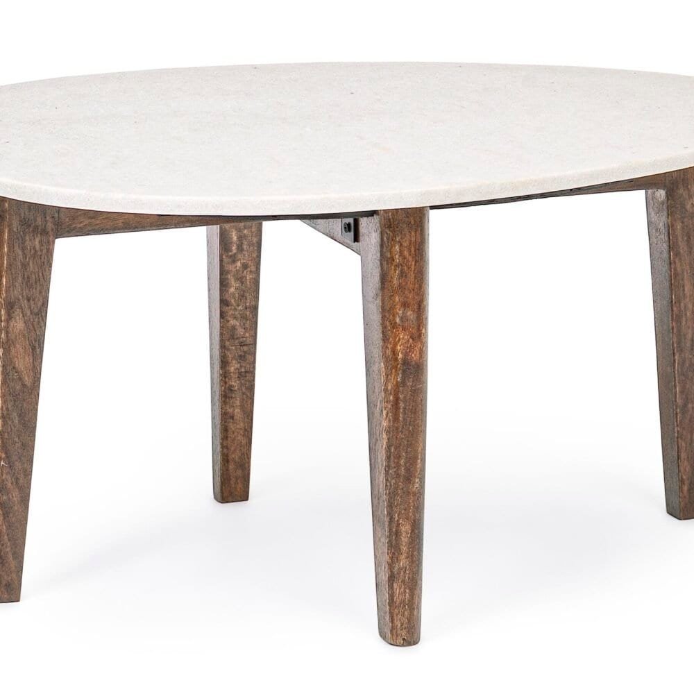 Elegante tavolo in legno con piano in marmo bianco, ideale per arredare soggiorni e spazi living.