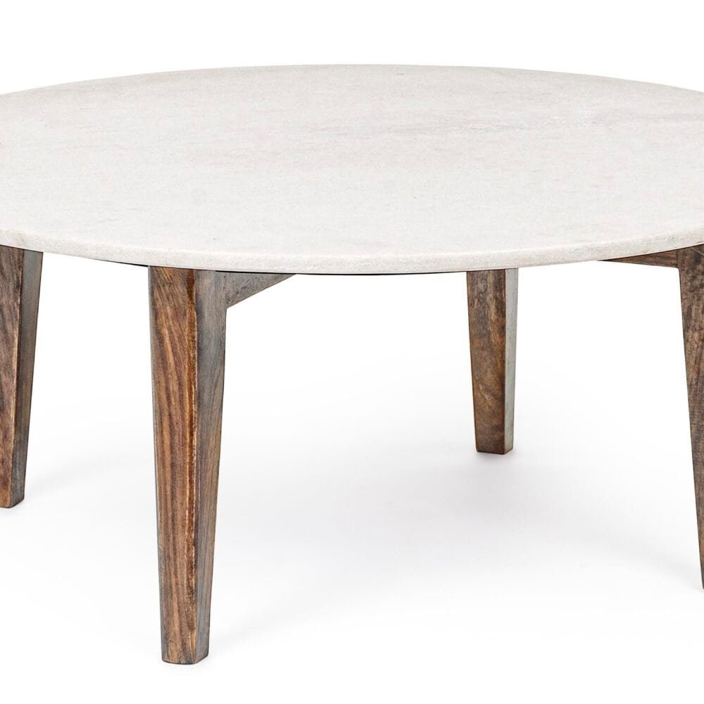 Tavolo elegante in legno e marmo bianco, ideale per salotti moderni e di design.