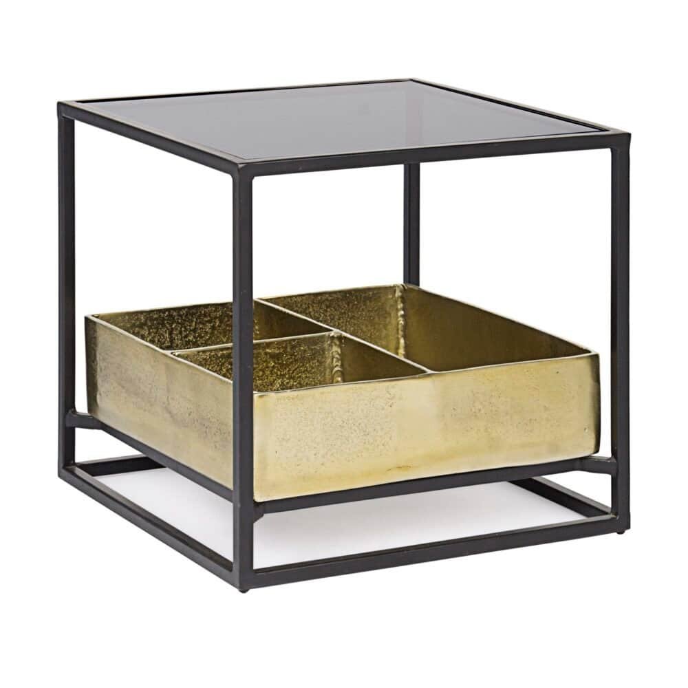 DESCRIZIONE IMMAGINE: Tavolino moderno con piano in vetro e base in metallo dorato, ideale per arredo di interni di stile contemporaneo.