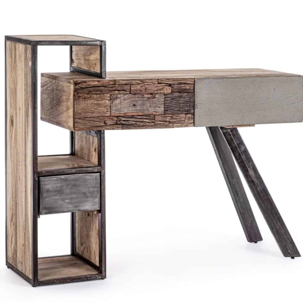 Scrivania in stile industriale con materiali di legno e metallo, design moderno e funzionale.