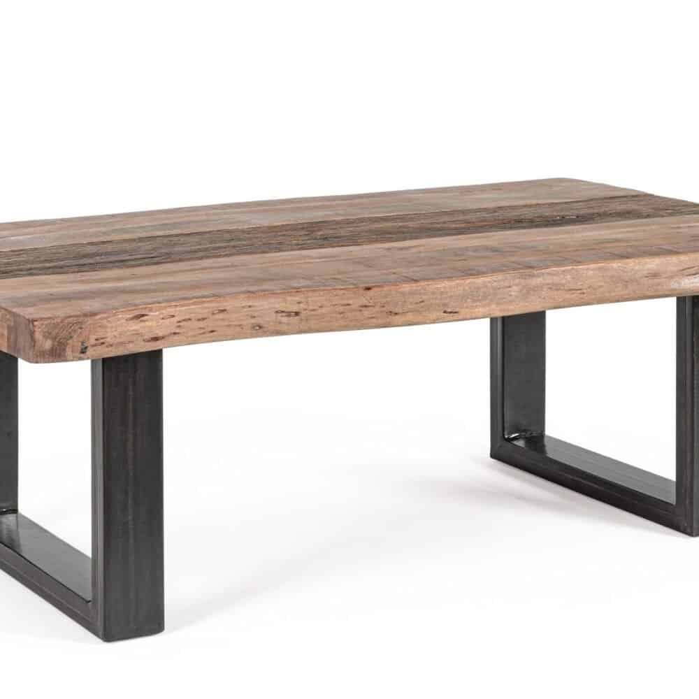 Design rustico-industriale con tavolo di legno massiccio e base in metallo nero. Ideale per sala da pranzo o zona living.