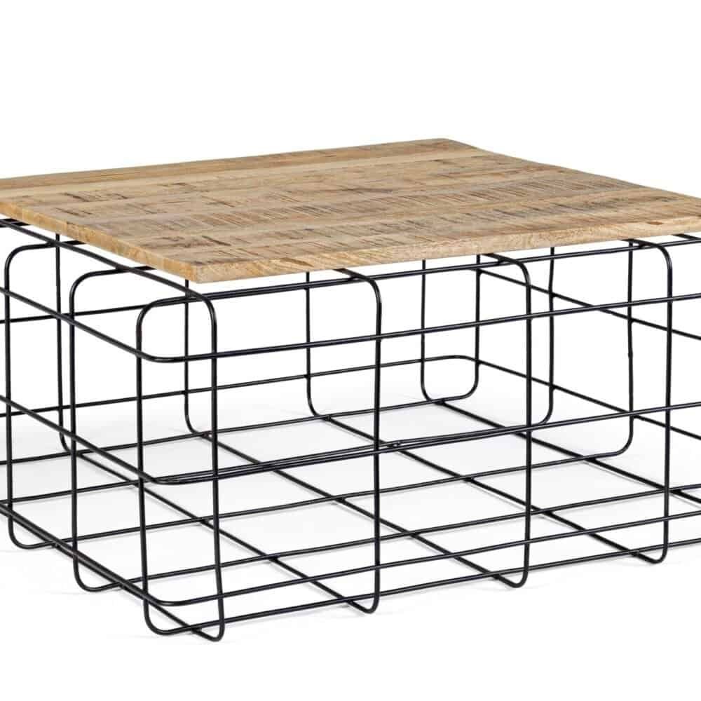 Mensa in stile industriale con piano in legno e base in metallo nero resistente.