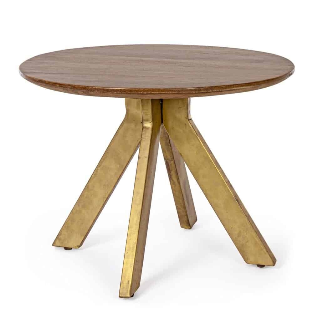 Alt text: Tavolo rotondo in legno con base in metallo dorato, stile moderno e raffinato.