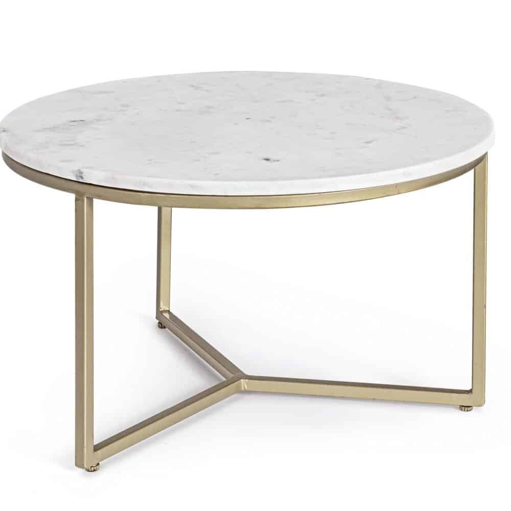 Tavolino in marmo bianco con struttura in metallo dorato, design elegante e raffinato. Perfetto per soggiorno o salotto.