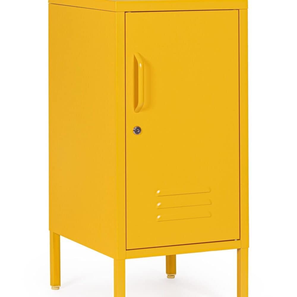Armadio giallo in metallo con chiusura a chiave, ideale per archiviazione sicura.