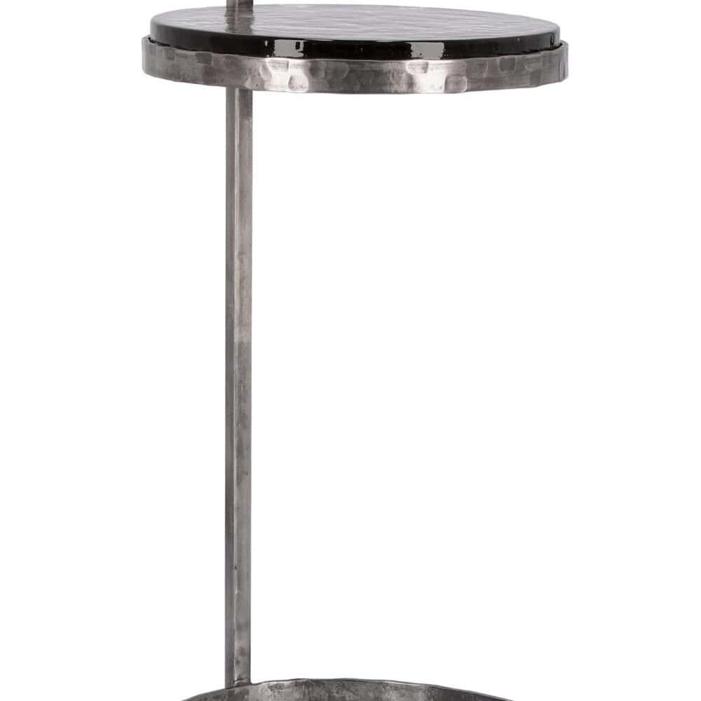 Alt text: Tavolo moderno in metallo con superfice in legno verniciato nero.