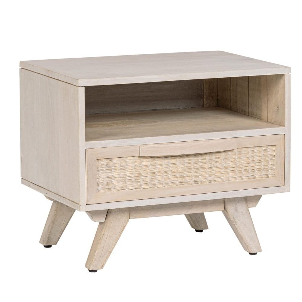 Comodino in legno chiaro con cassetto a motivo intrecciato, stile vintage.