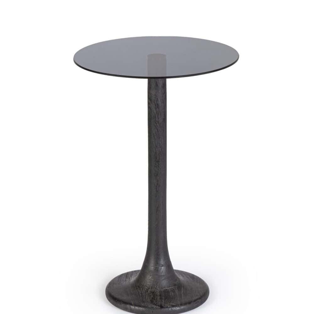 Fotografia di un tavolo nero con piano rotondo e base in legno scuro.