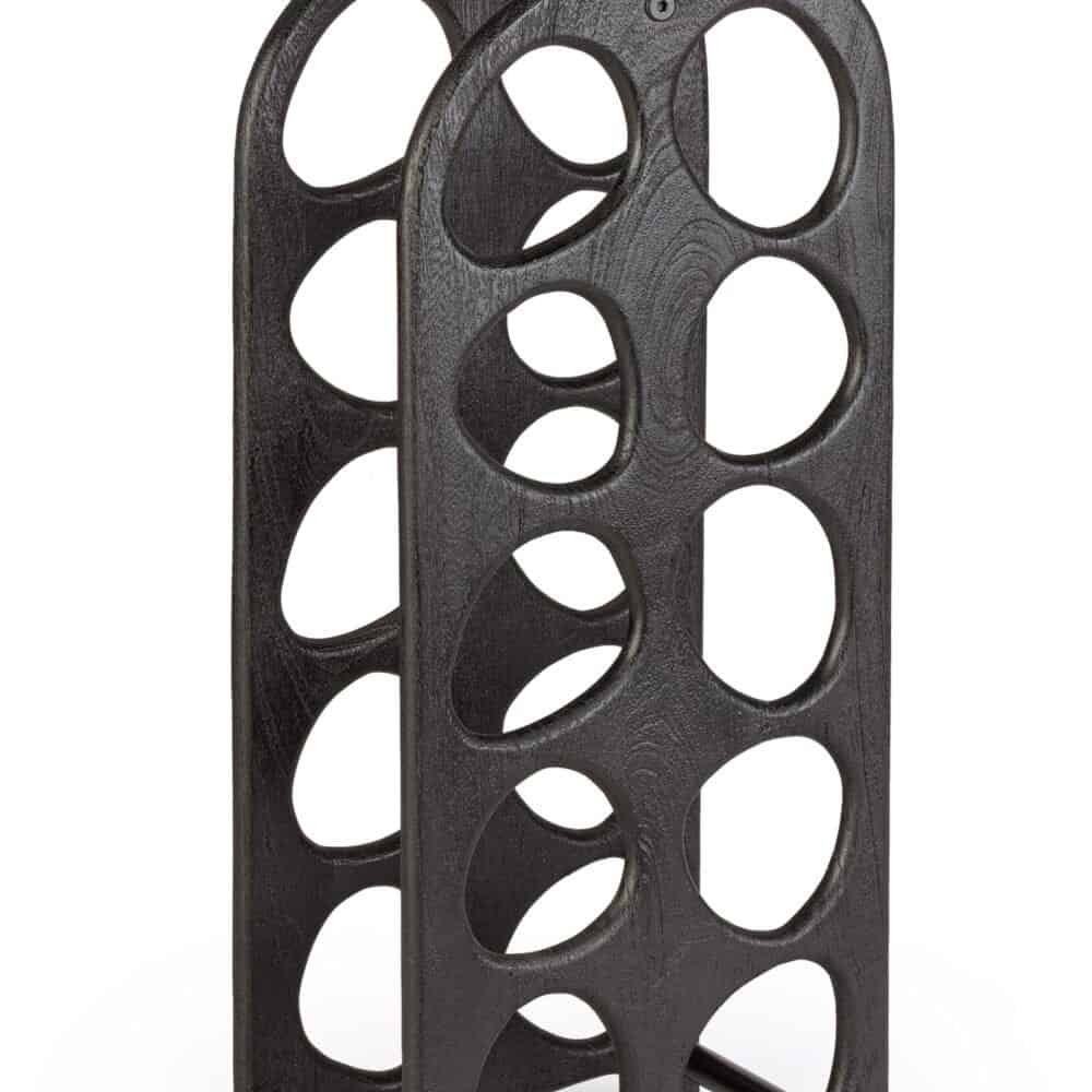 Portabottiglie in legno nero, elegante e funzionale, ideale per conservare vini a casa o in enoteca.