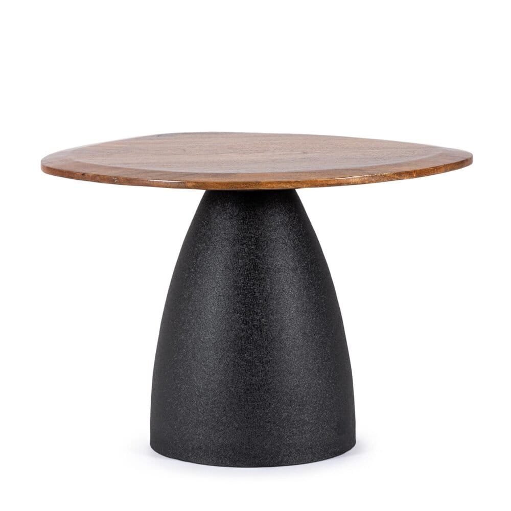 Tavolo di design con piano in legno e base in cemento nero, elegante e contemporaneo.