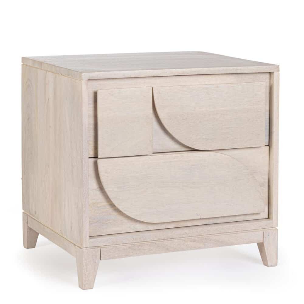 Cassettiera in legno naturale con design elegante e funzionale, perfetta per soggiorno o camera da letto.