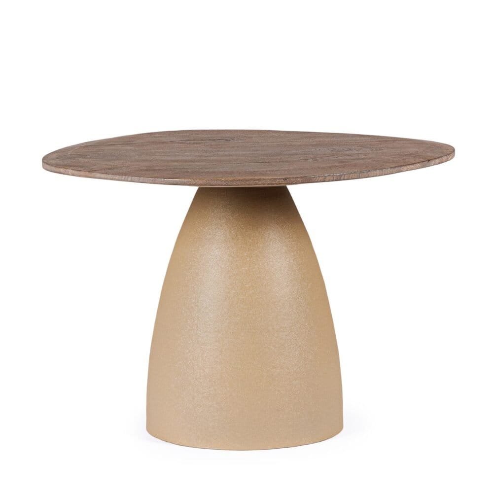 Tavolino in legno con base in cemento beige, stile minimalista e contemporaneo.