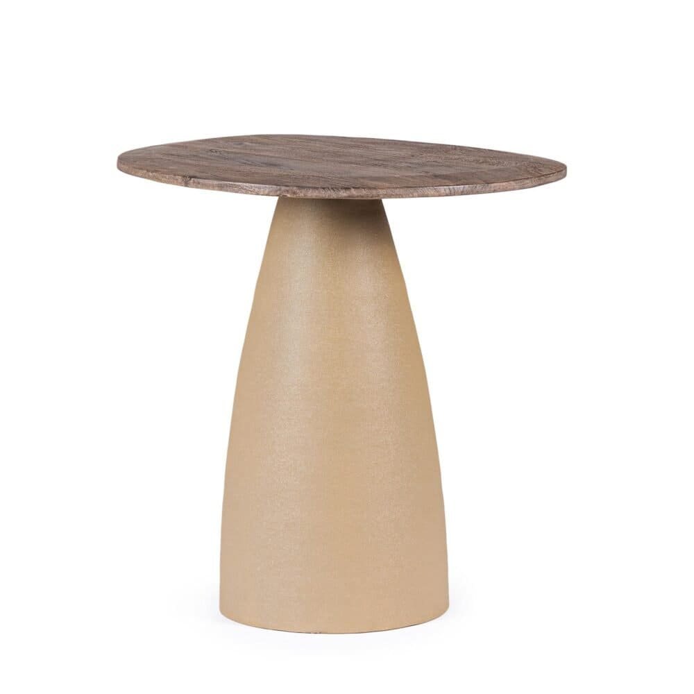 Tavolo moderno con top in legno e base in cemento per arredi di design.