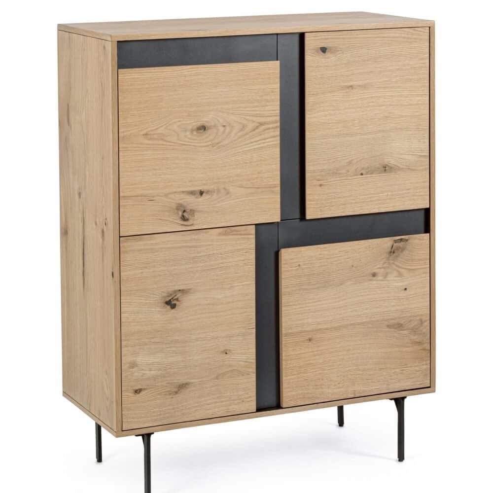 Comò in legno naturale con dettagli neri, stile moderno e funzionale per arredi eleganti.