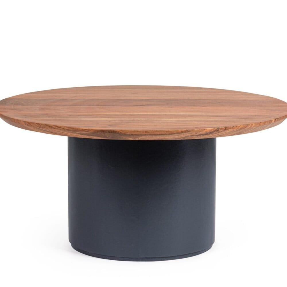 Tavolo design elegante con base nera e piano in legno naturale. Perfetto per soggiorno e zona living.