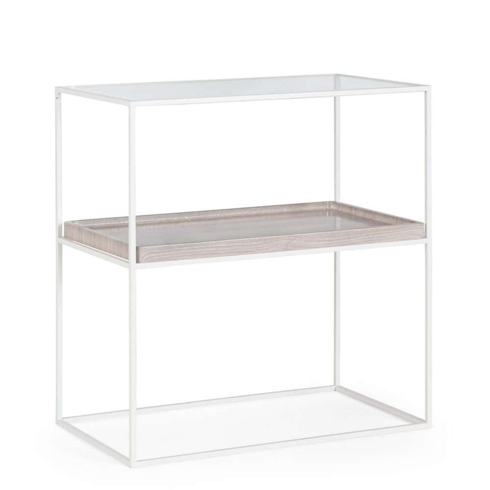 Alt text: Mobile versatile bagno con struttura metallica bianca e mensola in legno chiaro.