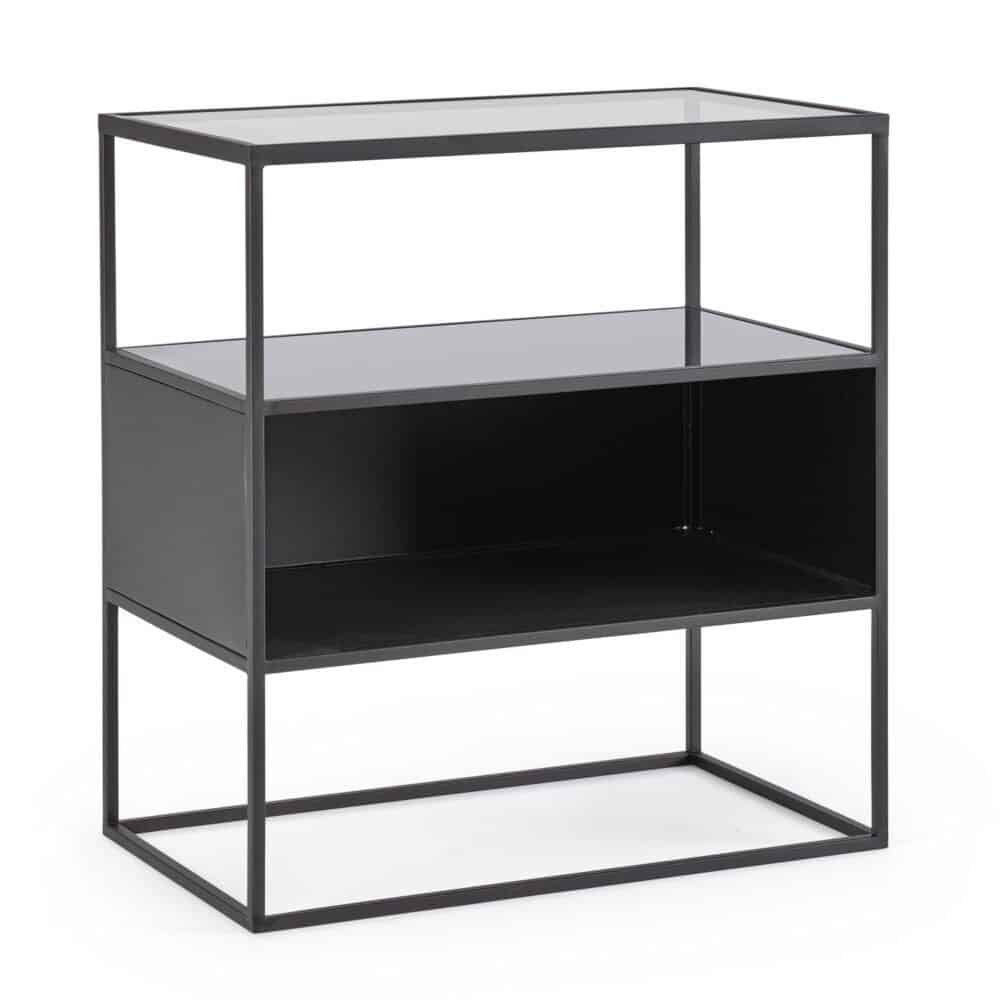 Alt che mobili design nero moderno con strutture metalliche e ripiani in vetro.