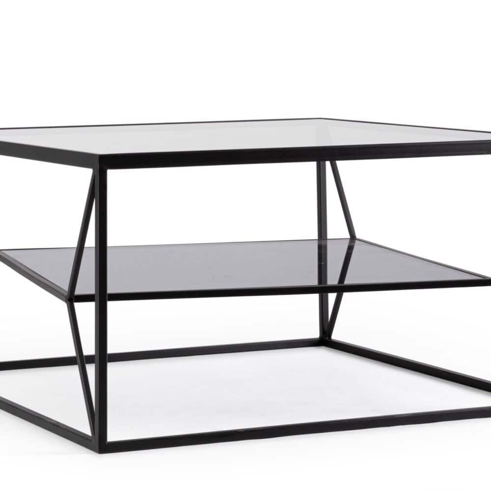 Tavolino elegante con struttura in metallo nero e piani in vetro, ideale per ambienti living moderni.