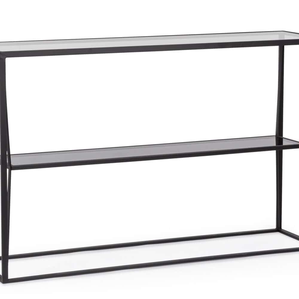 Mobiletto in vetro con struttura in metallo nero, design elegante e minimalista. Perfetto per arredi contemporanei.