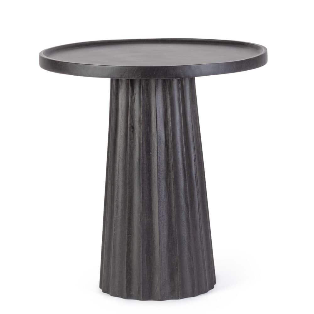 Tavolino in legno scuro con superficie rotonda, design moderno, perfetto per arredo casa e soggiorno.