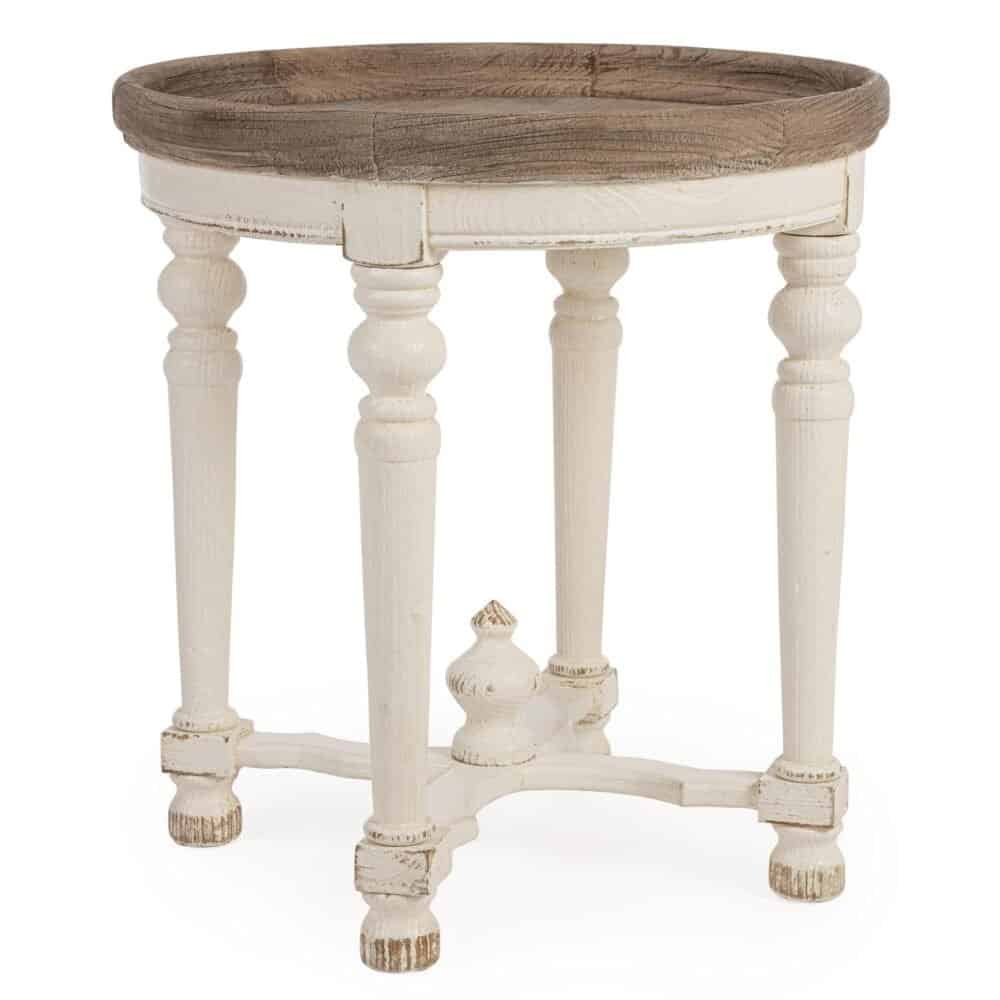 Tavolino in legno naturale con gambe reclinate, stile vintage country chic. Perfetto per interni e esterni.